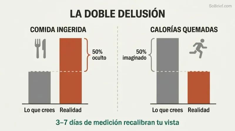 Two paired bar charts showing people underestimate food intake by half while overestimating calories burned by half, compounding the error.