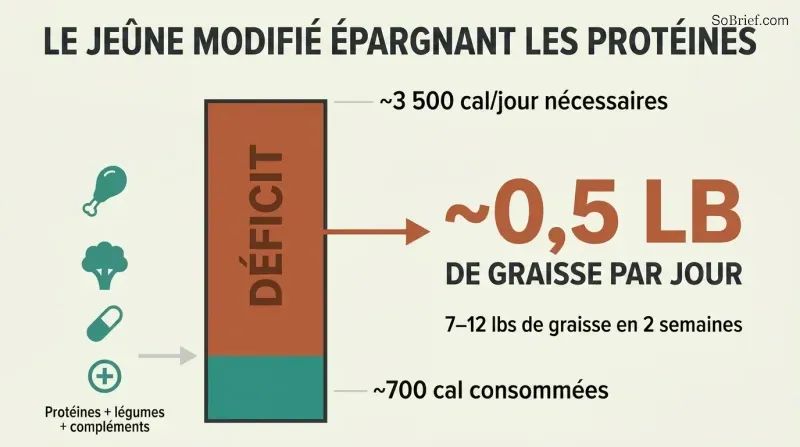 Proportion diagram showing a narrow bar of 700 calories consumed against a tall bar of 3,500 calories needed, with the massive gap representing daily fat loss of half a pound.