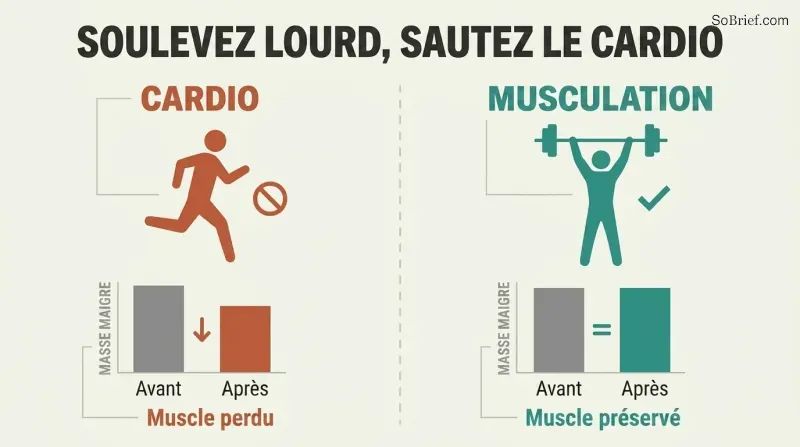 Split panel comparing cardio and weight training during a crash diet, showing cardio loses muscle while lifting preserves it.