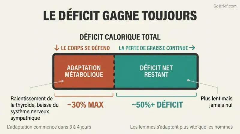 Horizontal bar showing a 50%+ caloric deficit with metabolic adaptation reclaiming only 30%, leaving a persistent fat-loss gap that never closes.