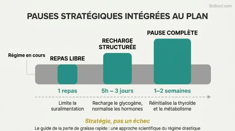 Three progressively larger teal blocks representing free meals, refeeds, and full diet breaks embedded within a gray diet timeline bar, showing planned interruptions as integral strategy.