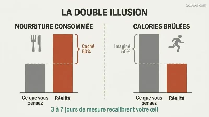 Two paired bar charts showing people underestimate food intake by half while overestimating calories burned by half, compounding the error.