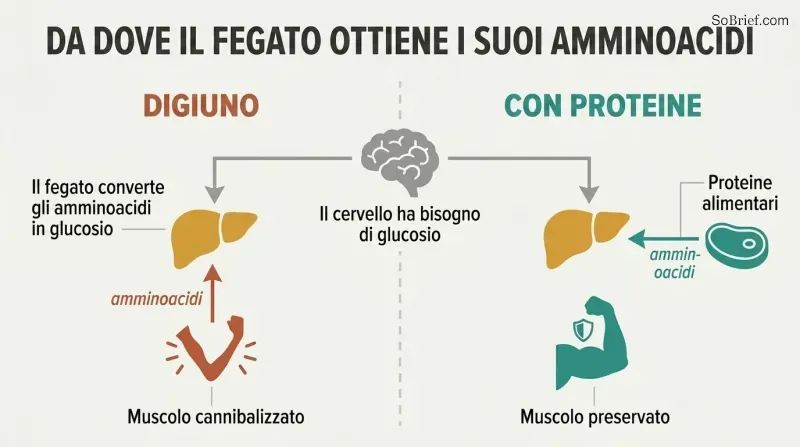 Split panel comparing starvation where the liver takes amino acids from muscle causing it to shrink, versus protein intake where dietary amino acids spare the muscle.
