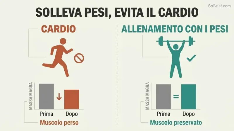 Split panel comparing cardio and weight training during a crash diet, showing cardio loses muscle while lifting preserves it.