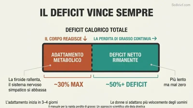 Horizontal bar showing a 50%+ caloric deficit with metabolic adaptation reclaiming only 30%, leaving a persistent fat-loss gap that never closes.