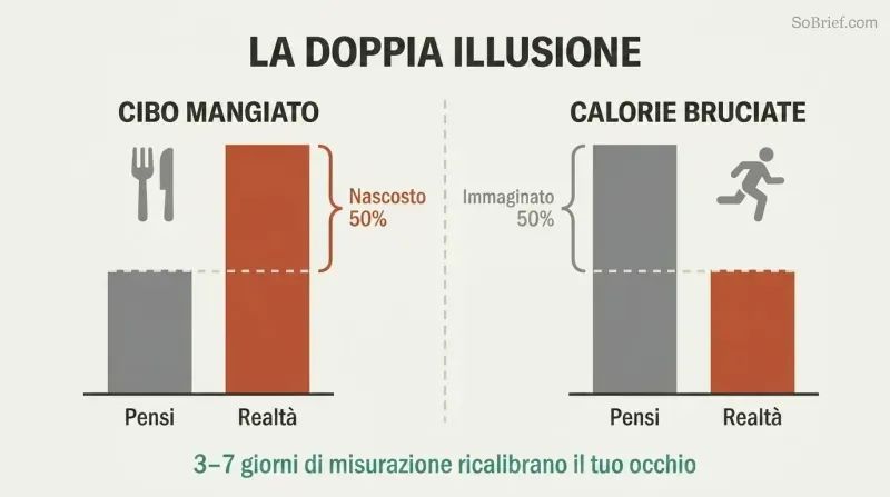 Two paired bar charts showing people underestimate food intake by half while overestimating calories burned by half, compounding the error.