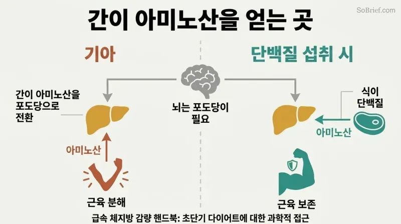 Split panel comparing starvation where the liver takes amino acids from muscle causing it to shrink, versus protein intake where dietary amino acids spare the muscle.