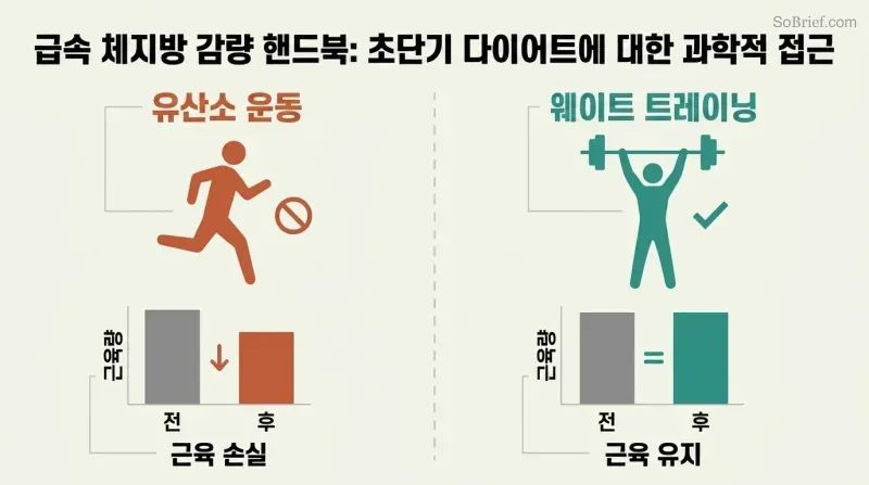 Split panel comparing cardio and weight training during a crash diet, showing cardio loses muscle while lifting preserves it.