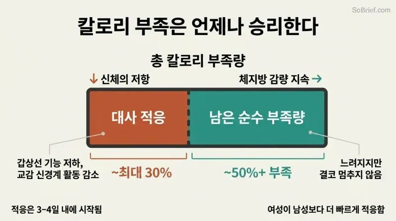 Horizontal bar showing a 50%+ caloric deficit with metabolic adaptation reclaiming only 30%, leaving a persistent fat-loss gap that never closes.