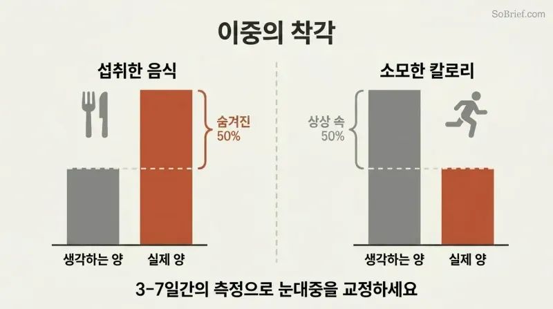 Two paired bar charts showing people underestimate food intake by half while overestimating calories burned by half, compounding the error.