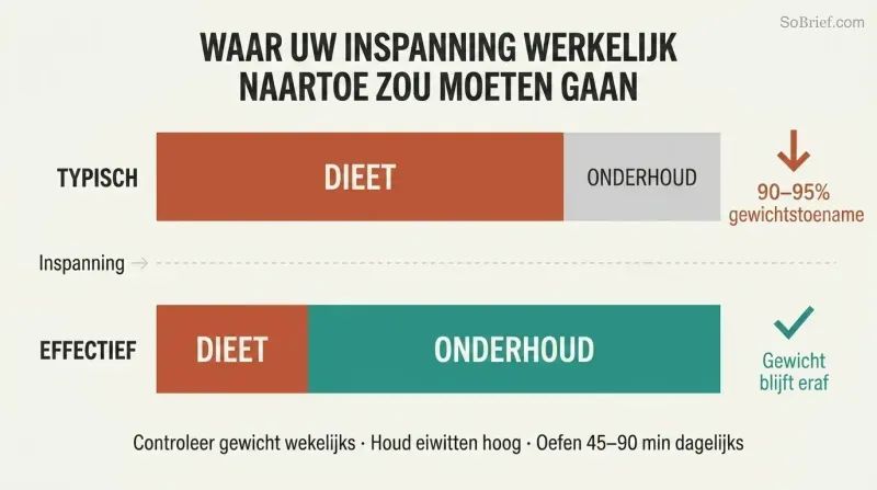 Two horizontal bars comparing typical effort allocation heavily weighted toward dieting against effective allocation heavily weighted toward maintenance, with diverging outcomes.
