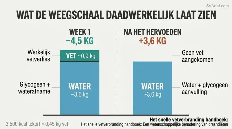 Two stacked bars comparing early diet weight loss and post-refeed weight gain, revealing that most change in both directions is water, not fat.