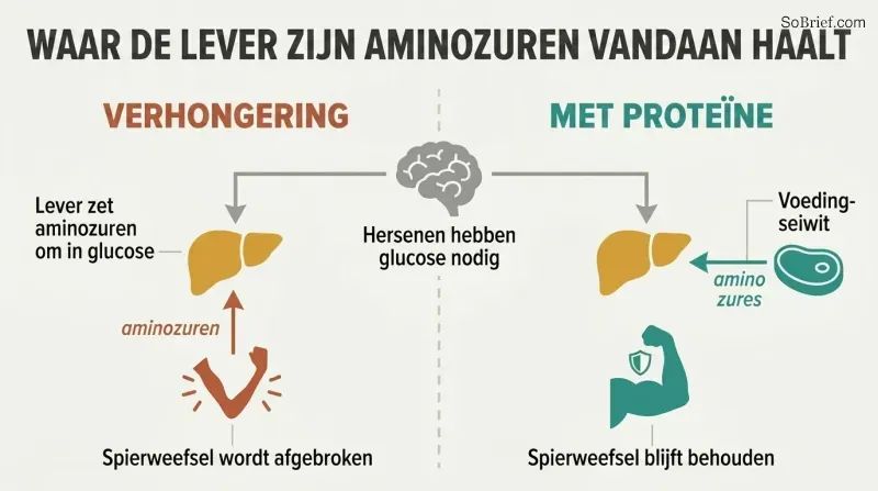 Split panel comparing starvation where the liver takes amino acids from muscle causing it to shrink, versus protein intake where dietary amino acids spare the muscle.