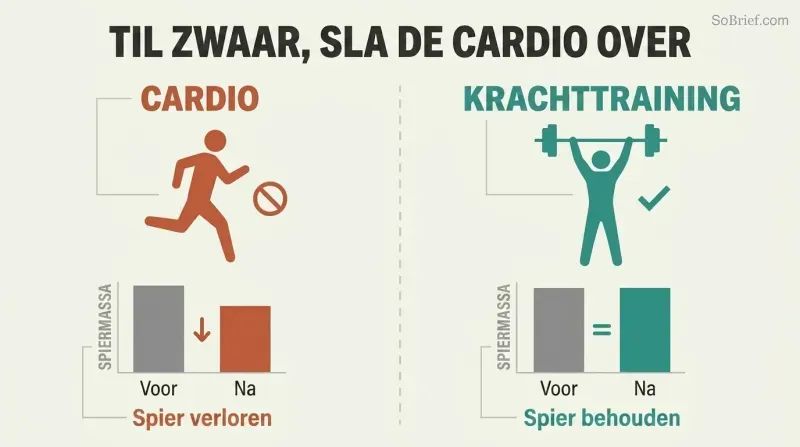 Split panel comparing cardio and weight training during a crash diet, showing cardio loses muscle while lifting preserves it.