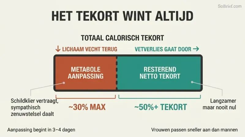 Horizontal bar showing a 50%+ caloric deficit with metabolic adaptation reclaiming only 30%, leaving a persistent fat-loss gap that never closes.