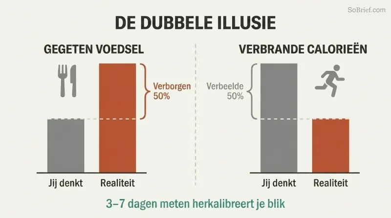 Two paired bar charts showing people underestimate food intake by half while overestimating calories burned by half, compounding the error.