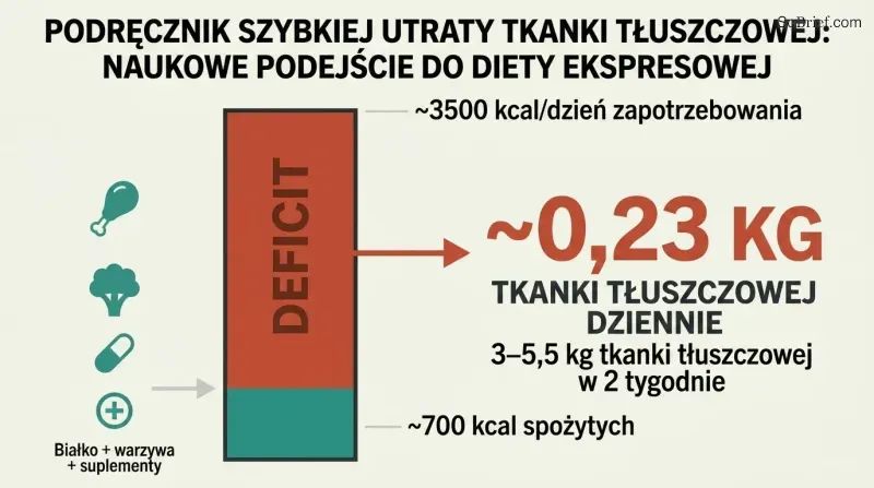 Proportion diagram showing a narrow bar of 700 calories consumed against a tall bar of 3,500 calories needed, with the massive gap representing daily fat loss of half a pound.