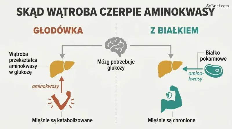 Split panel comparing starvation where the liver takes amino acids from muscle causing it to shrink, versus protein intake where dietary amino acids spare the muscle.
