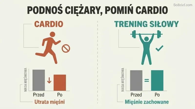 Split panel comparing cardio and weight training during a crash diet, showing cardio loses muscle while lifting preserves it.