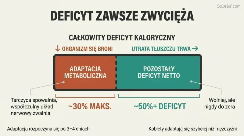 Horizontal bar showing a 50%+ caloric deficit with metabolic adaptation reclaiming only 30%, leaving a persistent fat-loss gap that never closes.