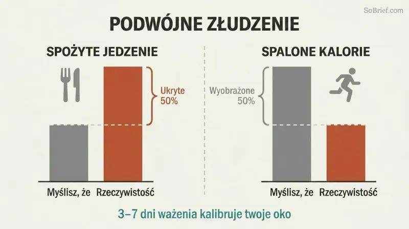 Two paired bar charts showing people underestimate food intake by half while overestimating calories burned by half, compounding the error.