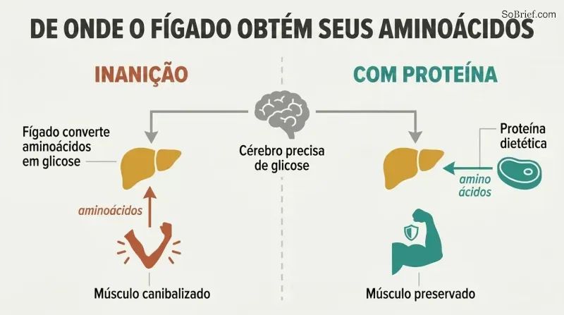 Split panel comparing starvation where the liver takes amino acids from muscle causing it to shrink, versus protein intake where dietary amino acids spare the muscle.