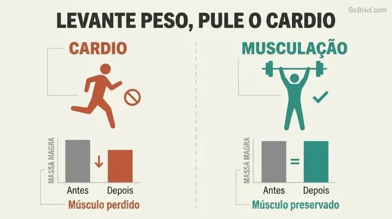 Split panel comparing cardio and weight training during a crash diet, showing cardio loses muscle while lifting preserves it.
