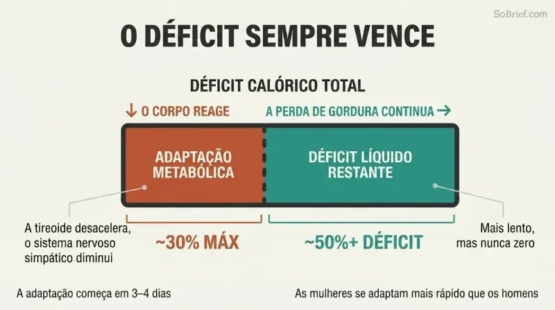 Horizontal bar showing a 50%+ caloric deficit with metabolic adaptation reclaiming only 30%, leaving a persistent fat-loss gap that never closes.