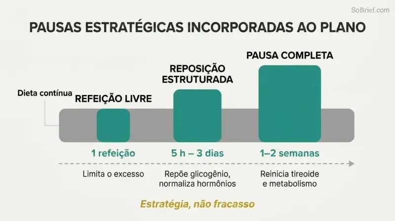 Three progressively larger teal blocks representing free meals, refeeds, and full diet breaks embedded within a gray diet timeline bar, showing planned interruptions as integral strategy.