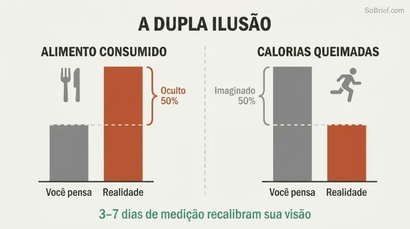 Two paired bar charts showing people underestimate food intake by half while overestimating calories burned by half, compounding the error.