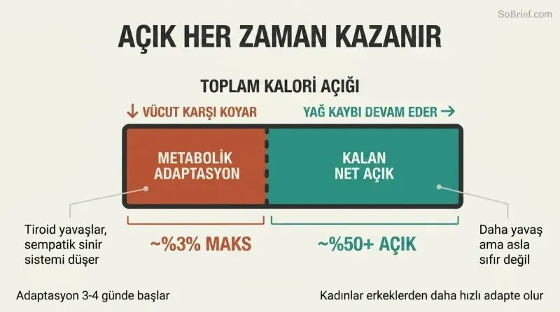 Horizontal bar showing a 50%+ caloric deficit with metabolic adaptation reclaiming only 30%, leaving a persistent fat-loss gap that never closes.