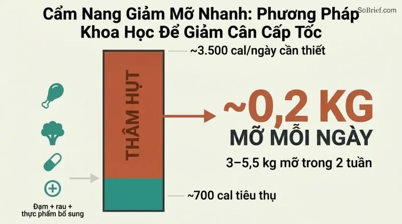 Proportion diagram showing a narrow bar of 700 calories consumed against a tall bar of 3,500 calories needed, with the massive gap representing daily fat loss of half a pound.