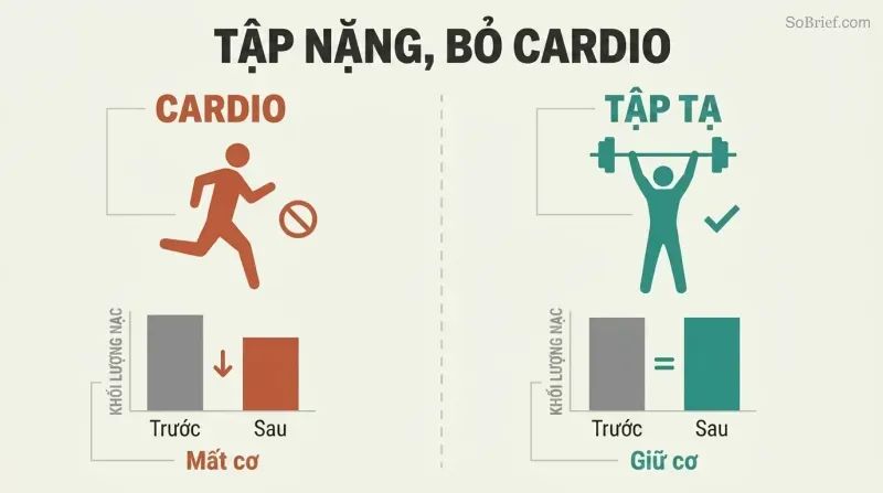 Split panel comparing cardio and weight training during a crash diet, showing cardio loses muscle while lifting preserves it.