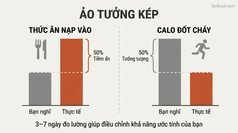 Two paired bar charts showing people underestimate food intake by half while overestimating calories burned by half, compounding the error.