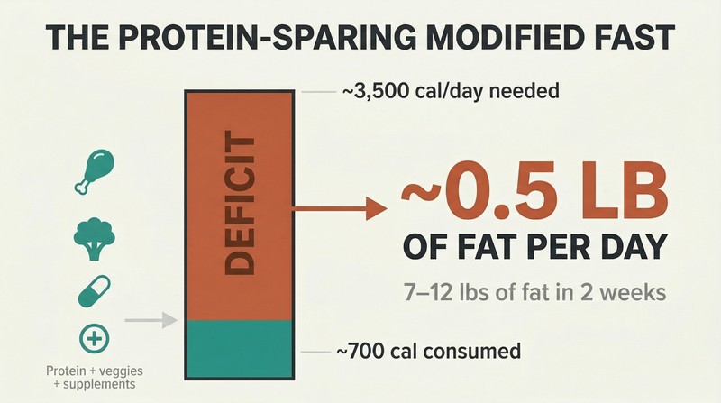 Proportion diagram showing a narrow bar of 700 calories consumed against a tall bar of 3,500 calories needed, with the massive gap representing daily fat loss of half a pound.