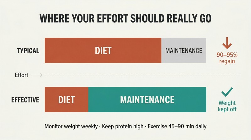Two horizontal bars comparing typical effort allocation heavily weighted toward dieting against effective allocation heavily weighted toward maintenance, with diverging outcomes.