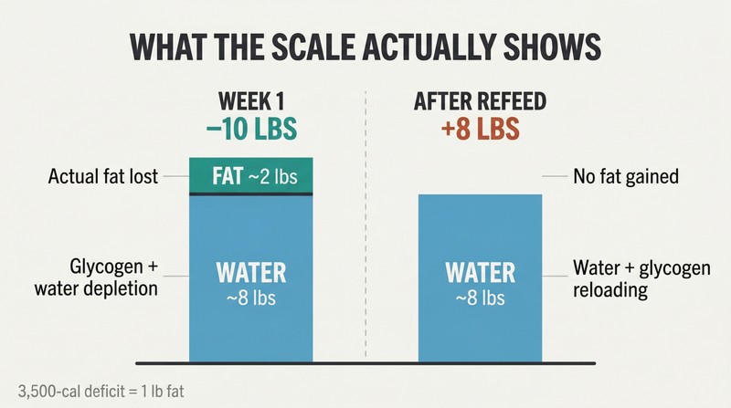 Two stacked bars comparing early diet weight loss and post-refeed weight gain, revealing that most change in both directions is water, not fat.