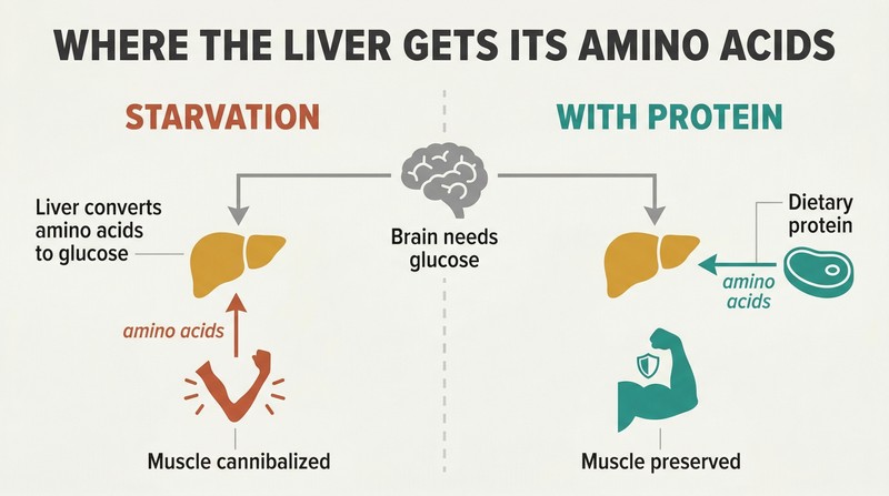 Split panel comparing starvation where the liver takes amino acids from muscle causing it to shrink, versus protein intake where dietary amino acids spare the muscle.