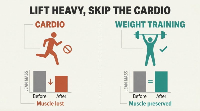 Split panel comparing cardio and weight training during a crash diet, showing cardio loses muscle while lifting preserves it.
