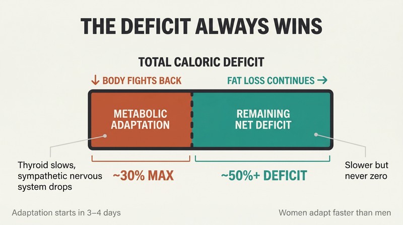 Horizontal bar showing a 50%+ caloric deficit with metabolic adaptation reclaiming only 30%, leaving a persistent fat-loss gap that never closes.
