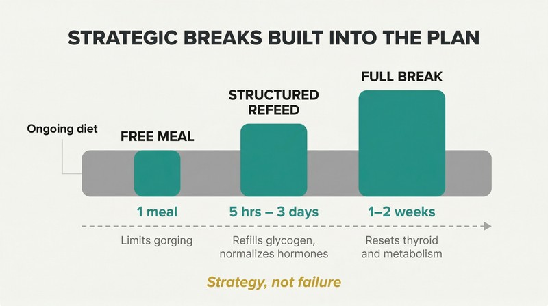 Three progressively larger teal blocks representing free meals, refeeds, and full diet breaks embedded within a gray diet timeline bar, showing planned interruptions as integral strategy.