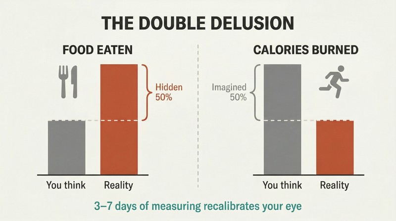 Two paired bar charts showing people underestimate food intake by half while overestimating calories burned by half, compounding the error.