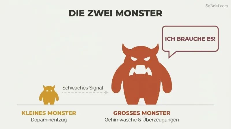 Tiny monster silhouette next to a massive monster silhouette on a shared baseline, with a faint signal arrow between them and an amplified speech bubble from the large one showing how physical withdrawal gets misread as overwhelming craving.