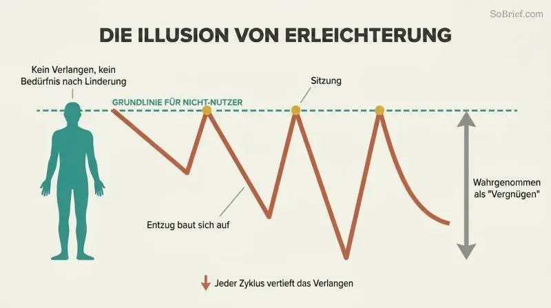 Sawtooth wave shows each session returning users to the non-user's constant baseline, with withdrawal valleys deepening over each cycle.