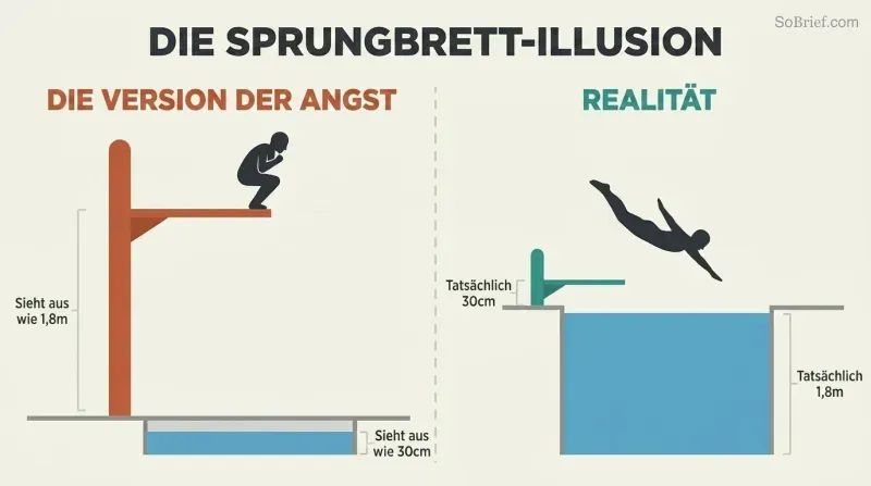 Two-panel cross-section contrasting a tall diving board over shallow water with a short board over deep water, showing how fear distorts perception.