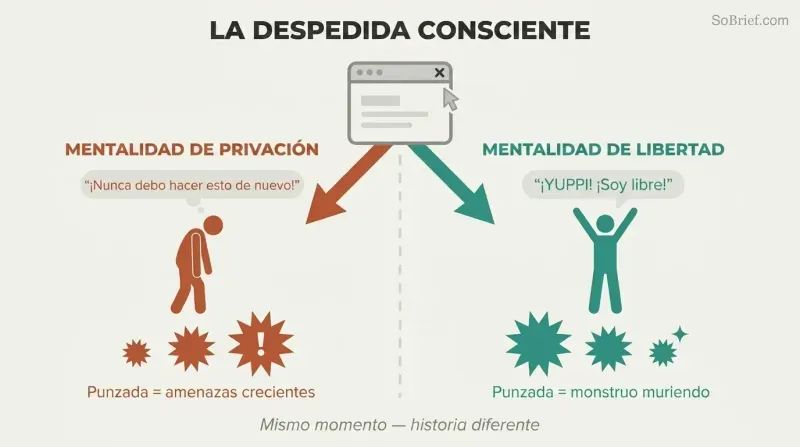 Browser closing forks into two paths — deprivation with growing threat pangs versus freedom with shrinking victory pangs.