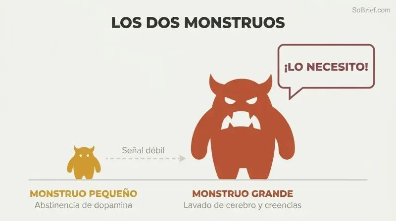 Tiny monster silhouette next to a massive monster silhouette on a shared baseline, with a faint signal arrow between them and an amplified speech bubble from the large one showing how physical withdrawal gets misread as overwhelming craving.