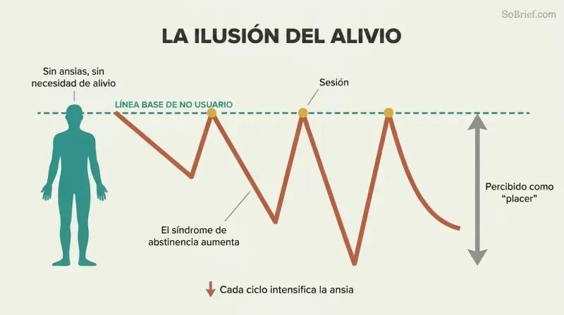 Sawtooth wave shows each session returning users to the non-user's constant baseline, with withdrawal valleys deepening over each cycle.