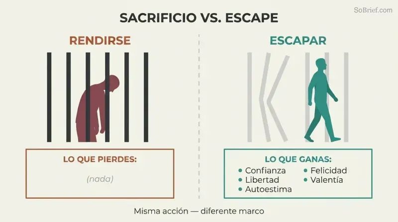 Split-panel comparison showing a trapped figure with an empty "what you lose" box versus a free figure with a full "what you gain" box listing confidence, freedom, self-respect, happiness, and courage.