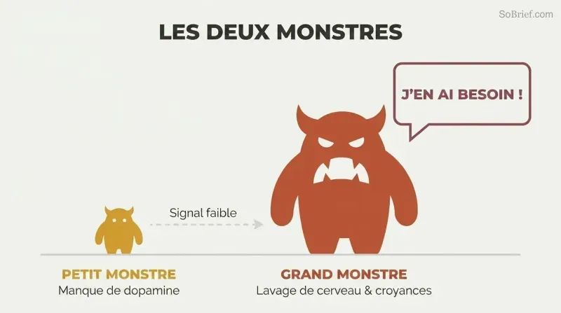 Tiny monster silhouette next to a massive monster silhouette on a shared baseline, with a faint signal arrow between them and an amplified speech bubble from the large one showing how physical withdrawal gets misread as overwhelming craving.